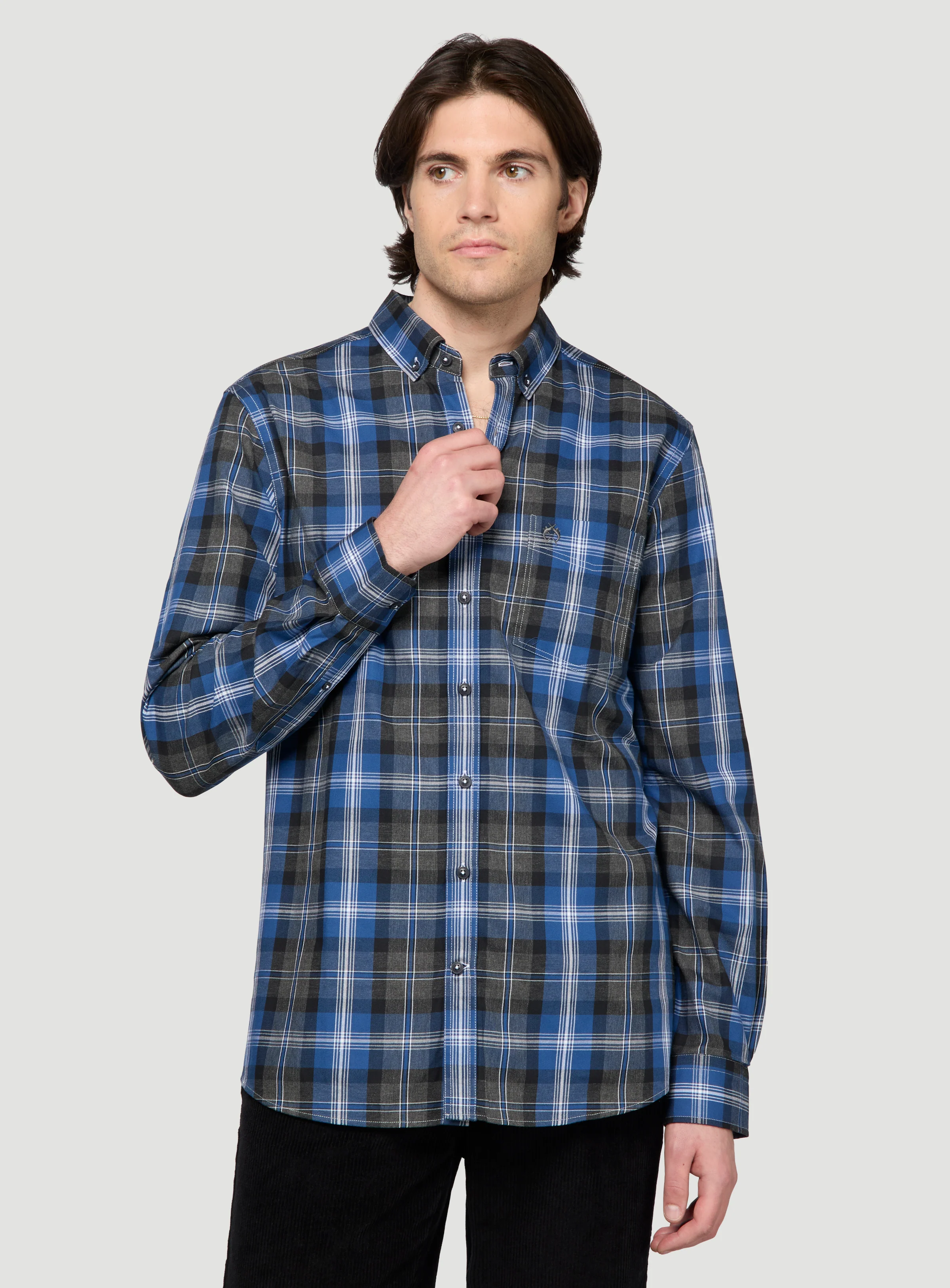 Chemise à carreaux gris et bleus