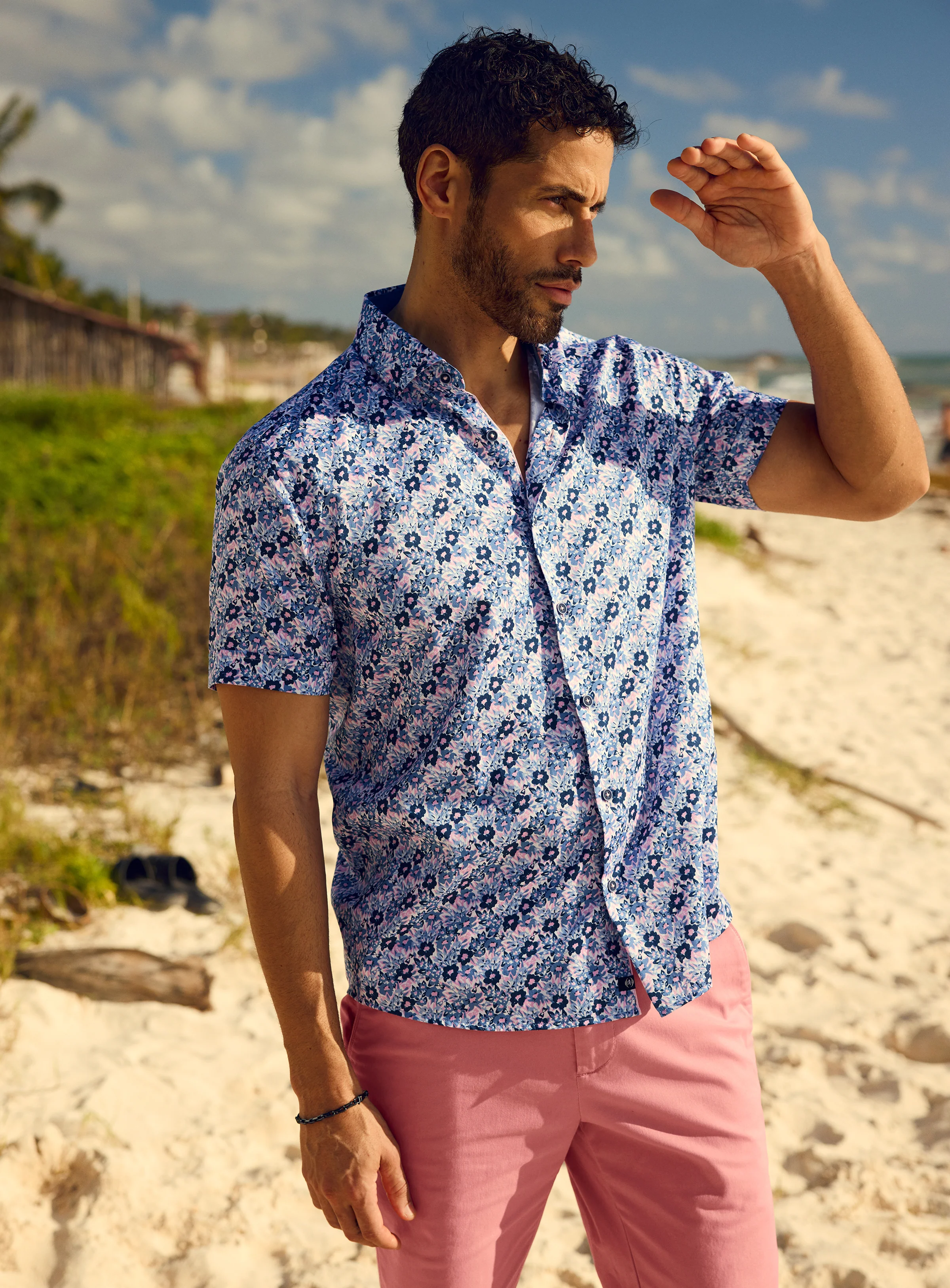 Chemise satinée à motif floral bleu