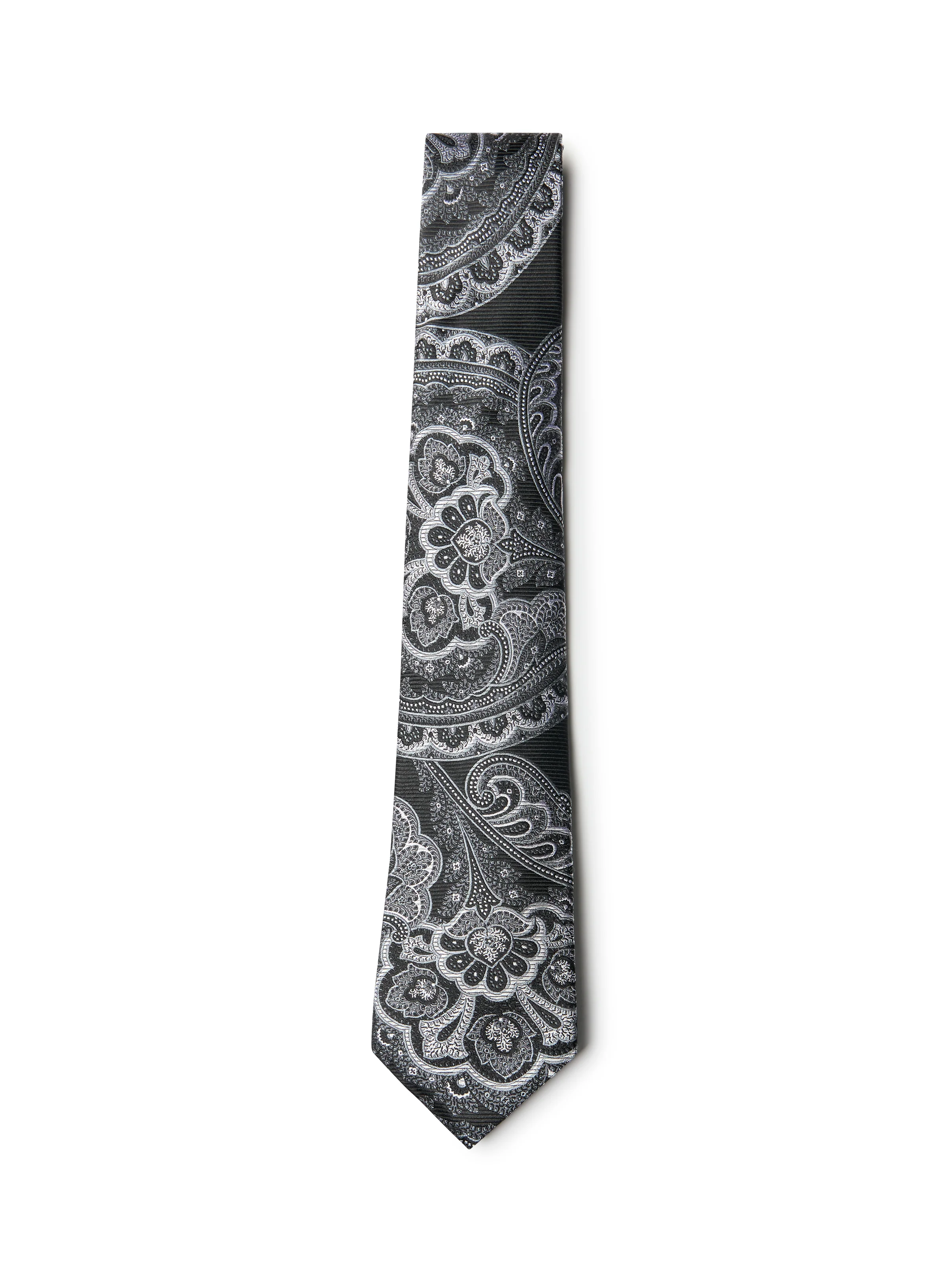 Cravate noire à motif paisley et floral